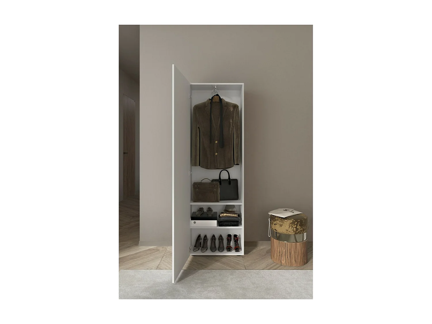 Armadio d'ingresso a 1 porta con specchio, collezione KUBRICK, colore bianco lucido lacato.