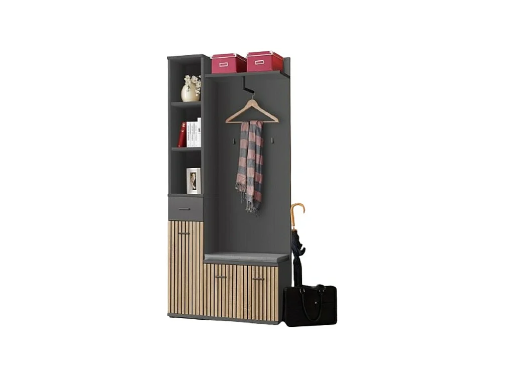 Meuble d'entrée POLO – Rangements et penderie en gris et chêne