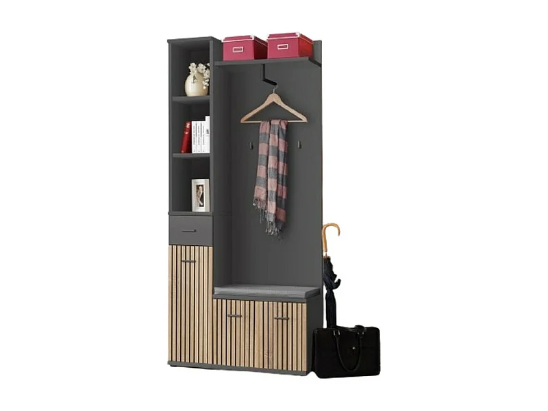Meuble d'entrée POLO – Rangements et penderie en gris et chêne