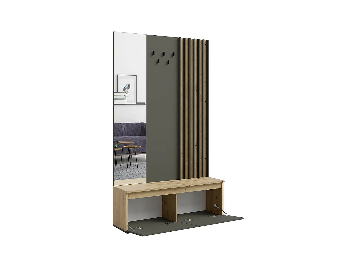 Meuble d'entrée avec porte-manteau et miroir 120 cm - chêne clair et gris anthracite - Collection NEMO
