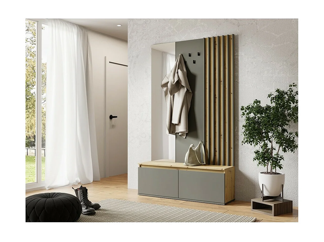 Meuble d'entrée avec porte-manteau et miroir 120 cm - chêne clair et gris anthracite - Collection NEMO