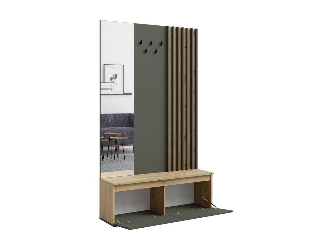 Mueble de entrada con perchero y espejo 120 cm - roble claro y gris antracita - Colección NEMO
