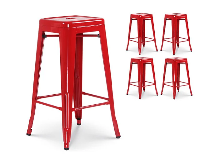 Lot de 4 tabourets de bar en métal rouge brillant style industriel - Sans dossier - Hauteur 66 cm