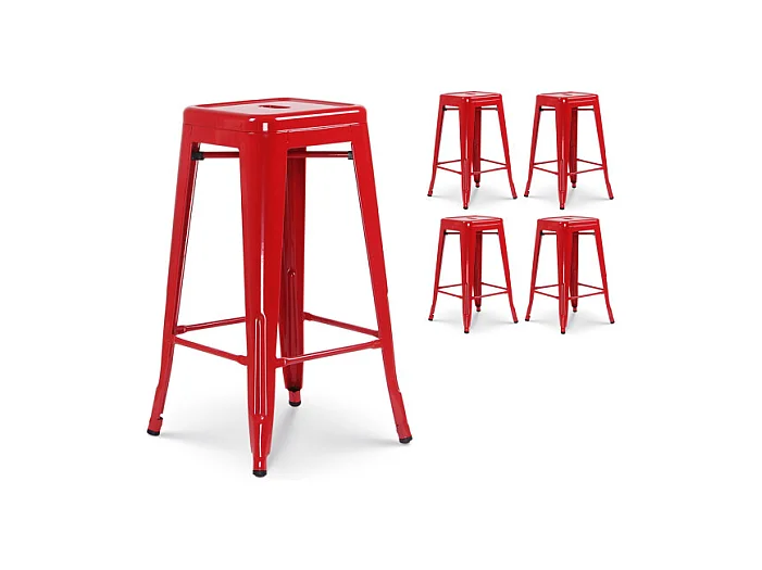 Lot de 4 tabourets de bar en métal rouge brillant style industriel - Sans dossier - Hauteur 66 cm