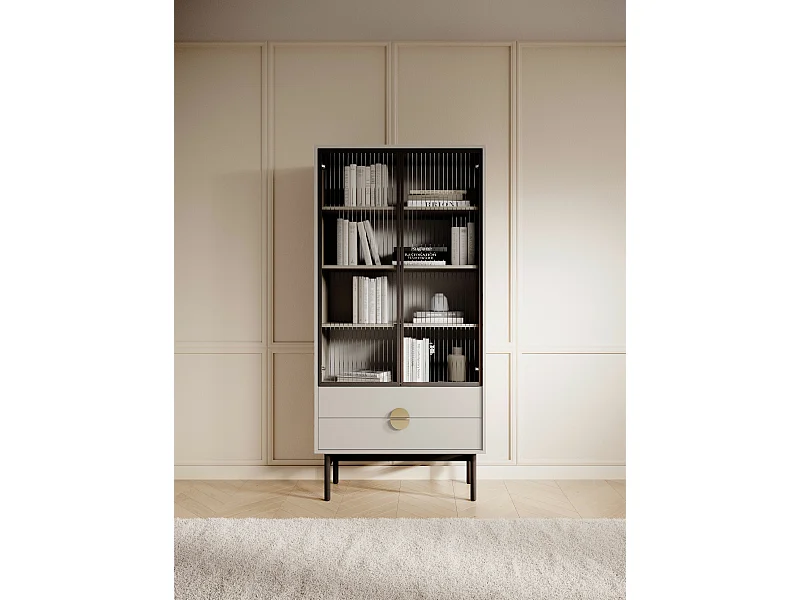 Vitrine haute - 85 cm - avec quatre étagères et tiroirs - taupe (gris-beige) - STOON