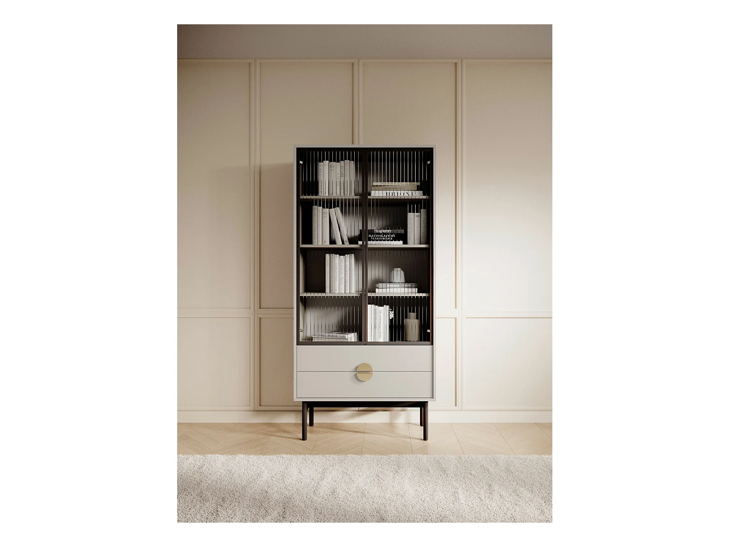 Hoher Vitrine - 85 cm - mit vier Regalen und Schubladen - Taupe (Graubeige) - STOON