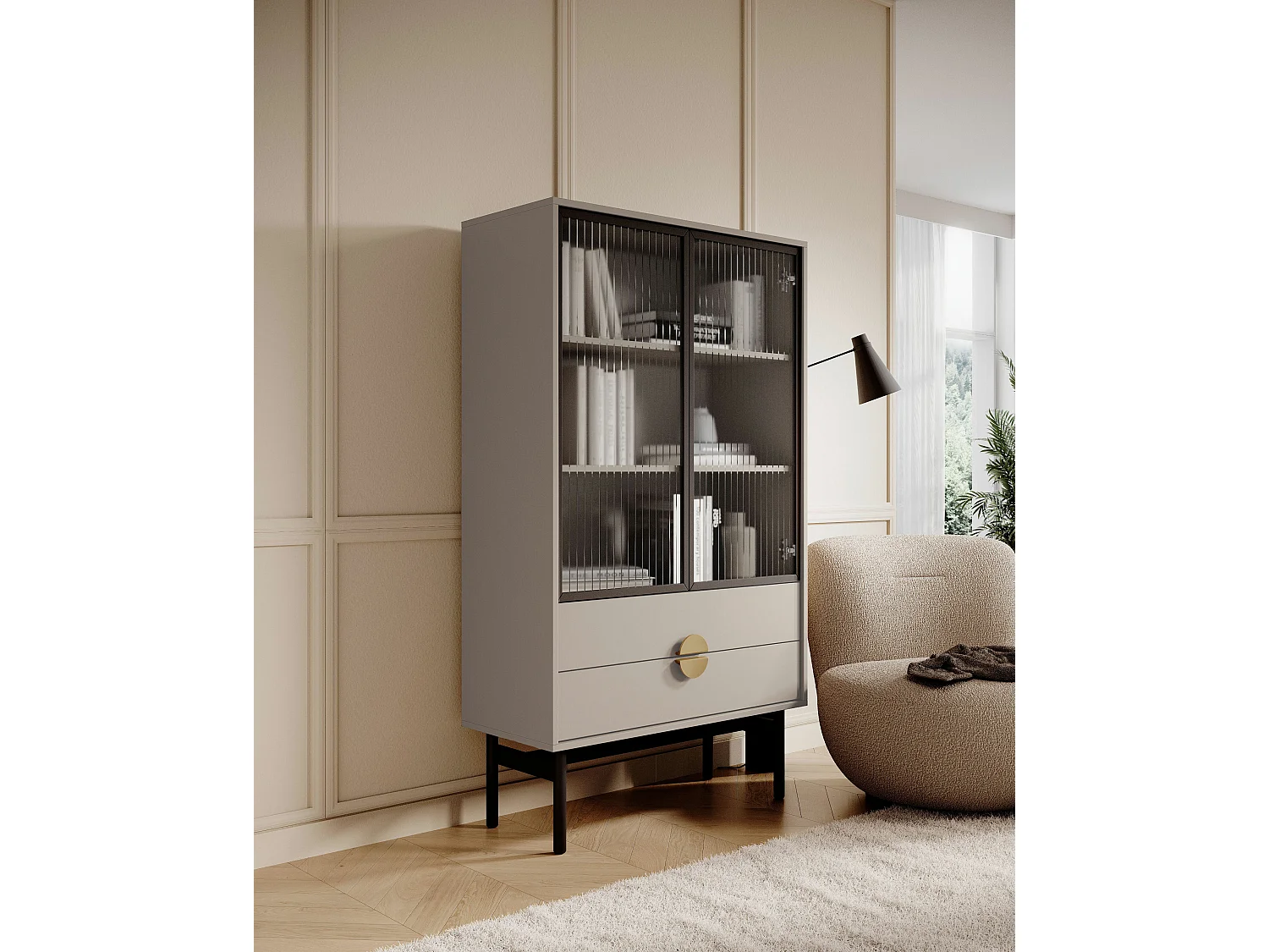 Lage vitrinekast - 85 cm - met drie planken en lades - taupe (grijsbeige) - STOON