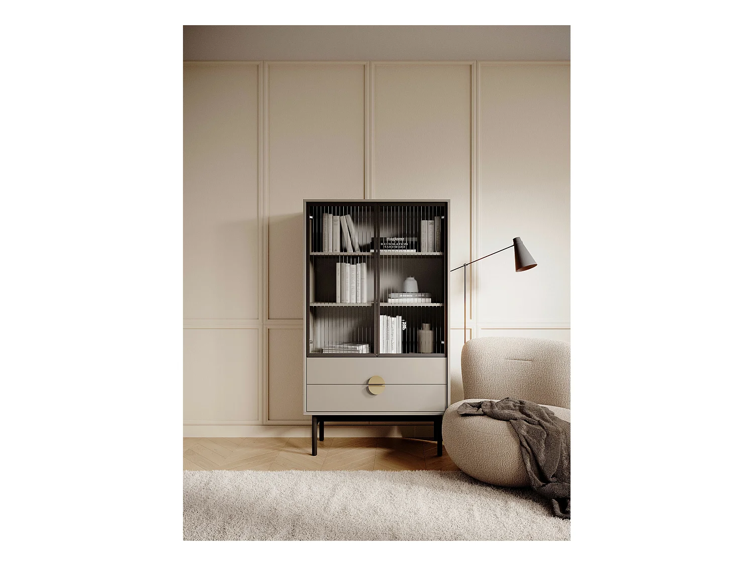 Niedriger Vitrinenschrank - 85 cm - mit drei Regalen und Schubladen - Taupe (Graubeige) - STOON