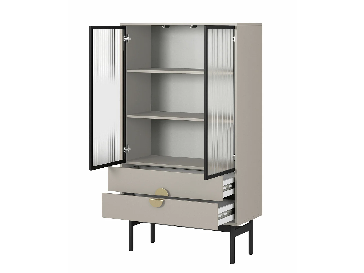 Lage vitrinekast - 85 cm - met drie planken en lades - taupe (grijsbeige) - STOON