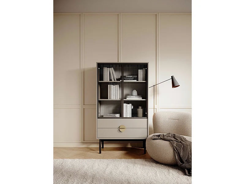 Vitrine basse - 85 cm - avec trois étagères et tiroirs - taupe (gris-beige) - STOON