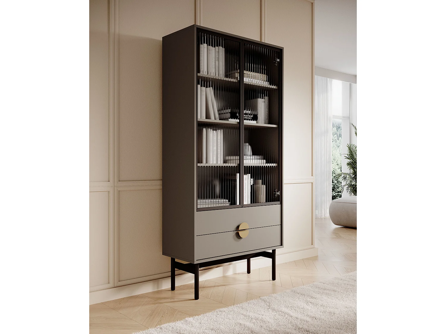 Hoge vitrinekast - 85 cm - met vier legplanken en lades - steengrijs - STOON