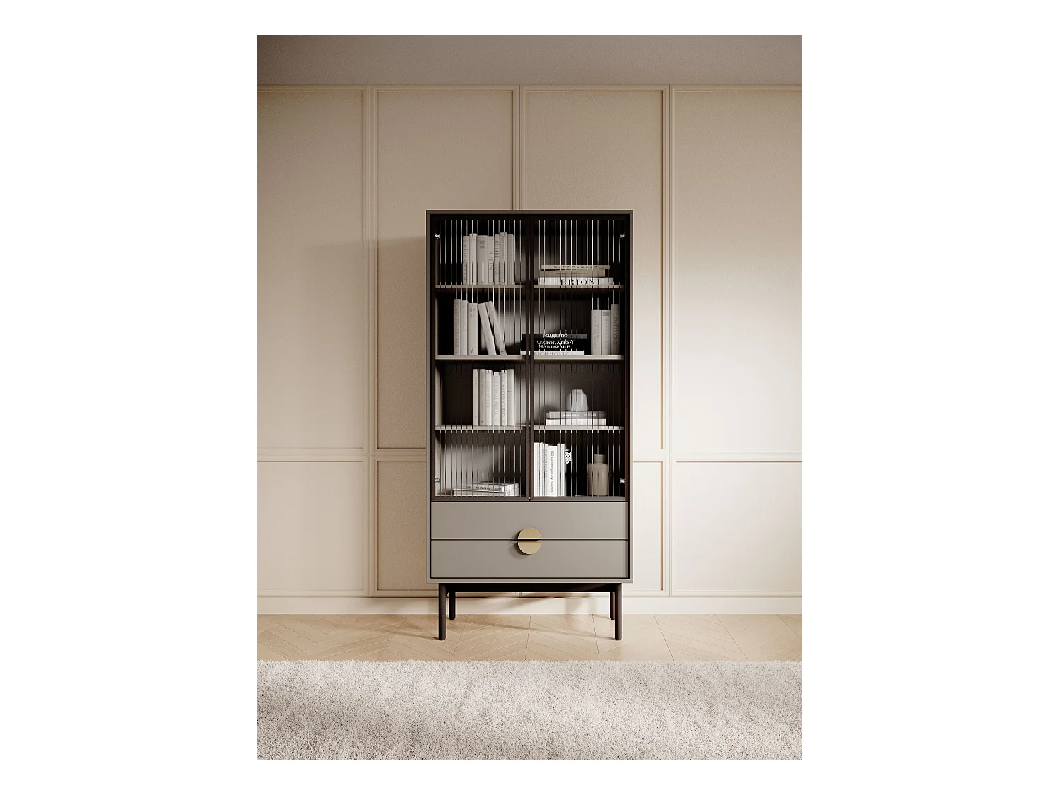 Hoher Vitrineschrank - 85 cm - mit vier Einlegeböden und Schubladen - Steingrau - STOON