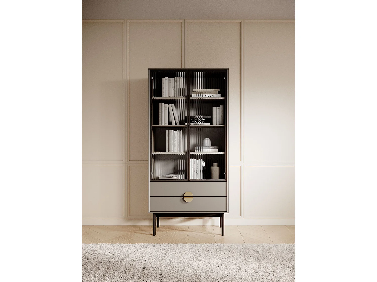 Hoge vitrinekast - 85 cm - met vier legplanken en lades - steengrijs - STOON