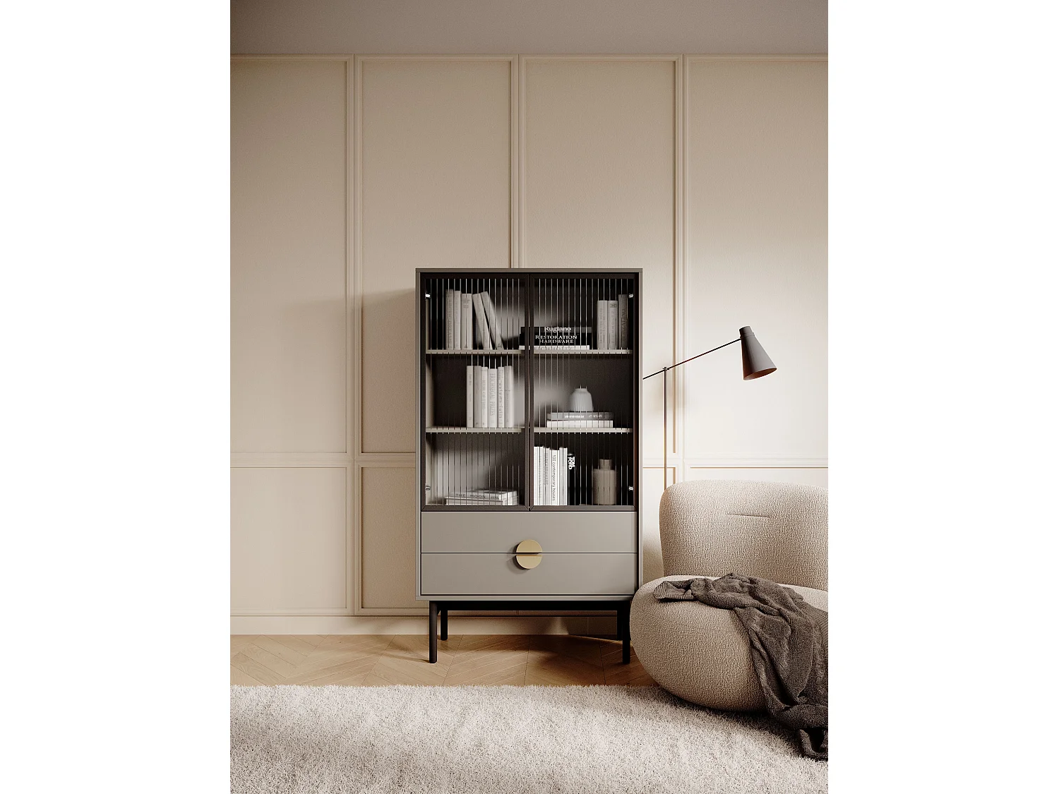 Lage vitrinekast - 85 cm - met drie planken en lades - steengrijs - STOON