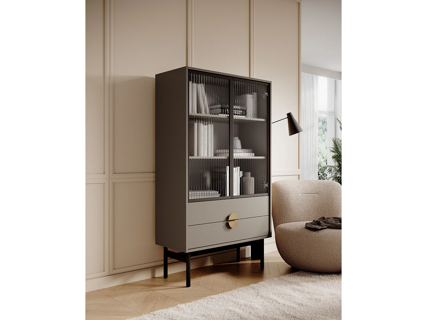 Lage vitrinekast - 85 cm - met drie planken en lades - steengrijs - STOON