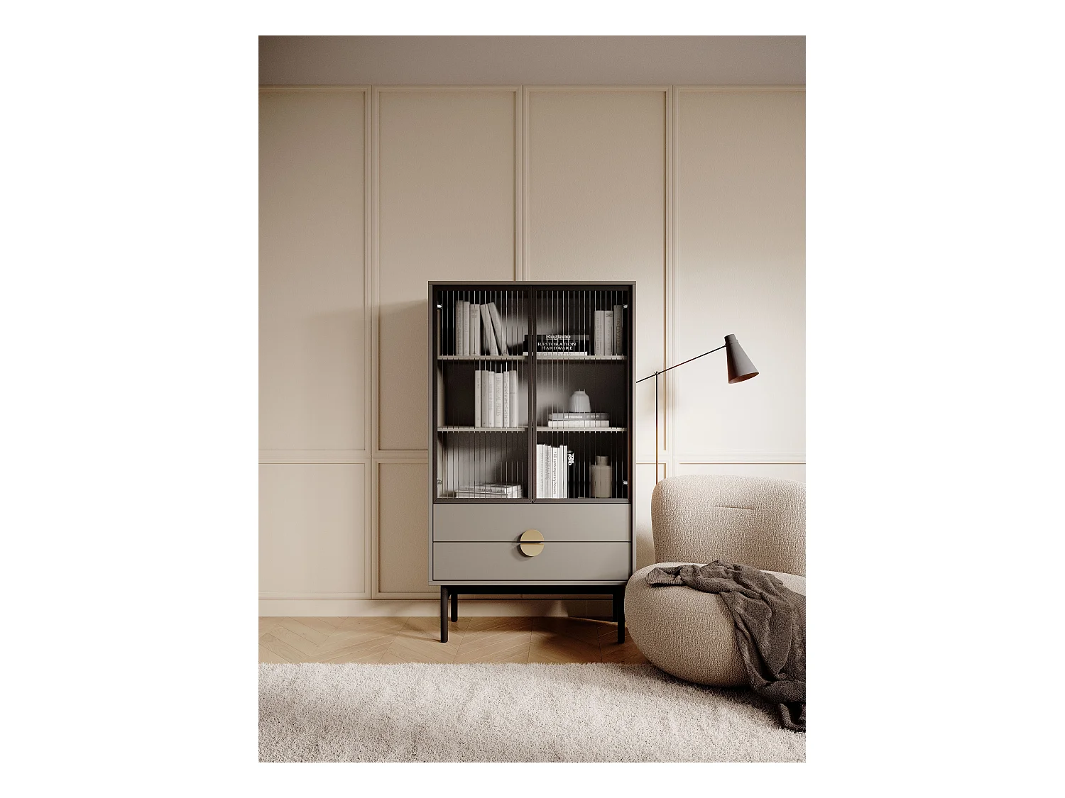 Niedriger Vitrinenschrank - 85 cm - mit drei Einlegeböden und Schubladen - steingrau - STOON