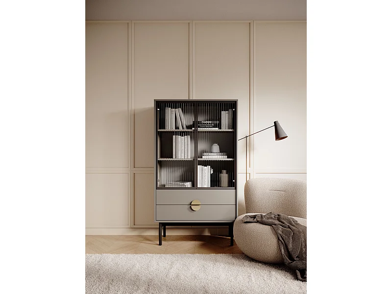 Lage vitrinekast - 85 cm - met drie planken en lades - steengrijs - STOON