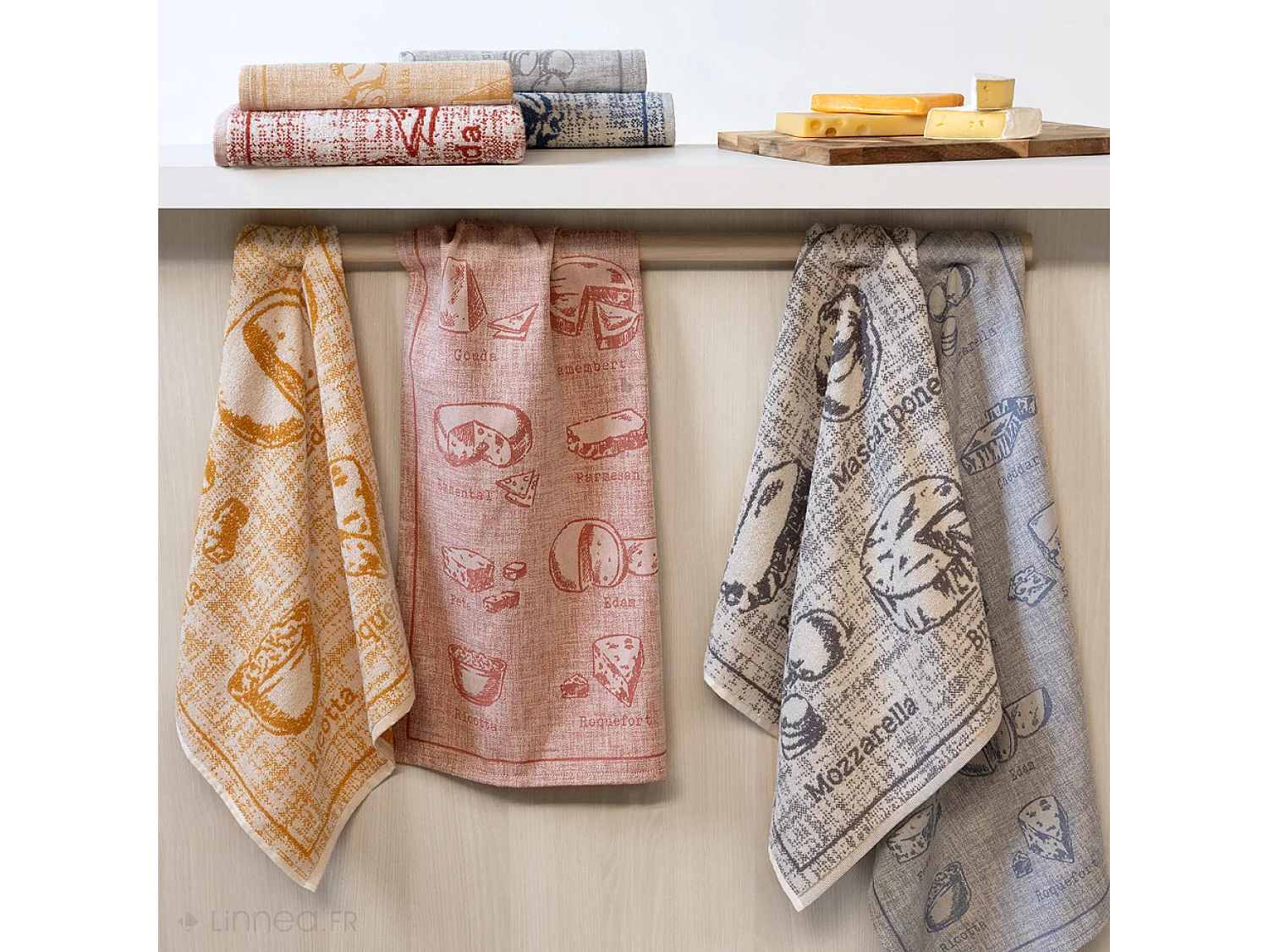 Lot de 2 torchons de cuisine pur coton 50x70 cm motif fromage collection CHEESE bleu