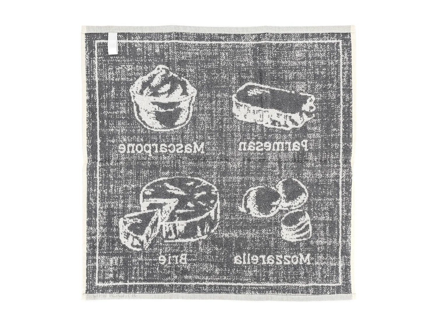 Lot de 2 torchons de cuisine pur coton 50x50 cm motif fromage collection CHEESE gris