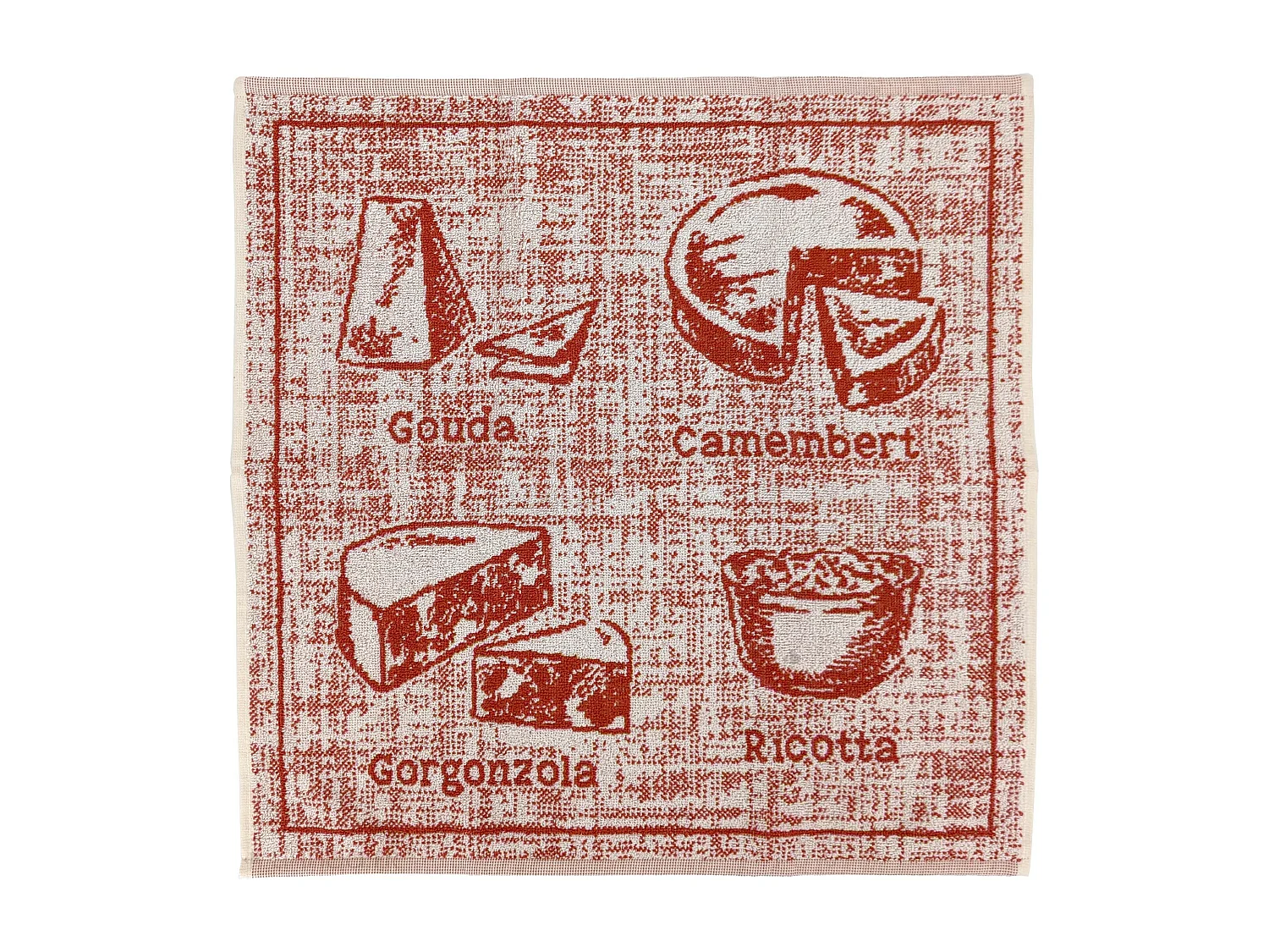 Lot de 2 torchons de cuisine pur coton 50x50 cm motif fromage CHEESE rouge