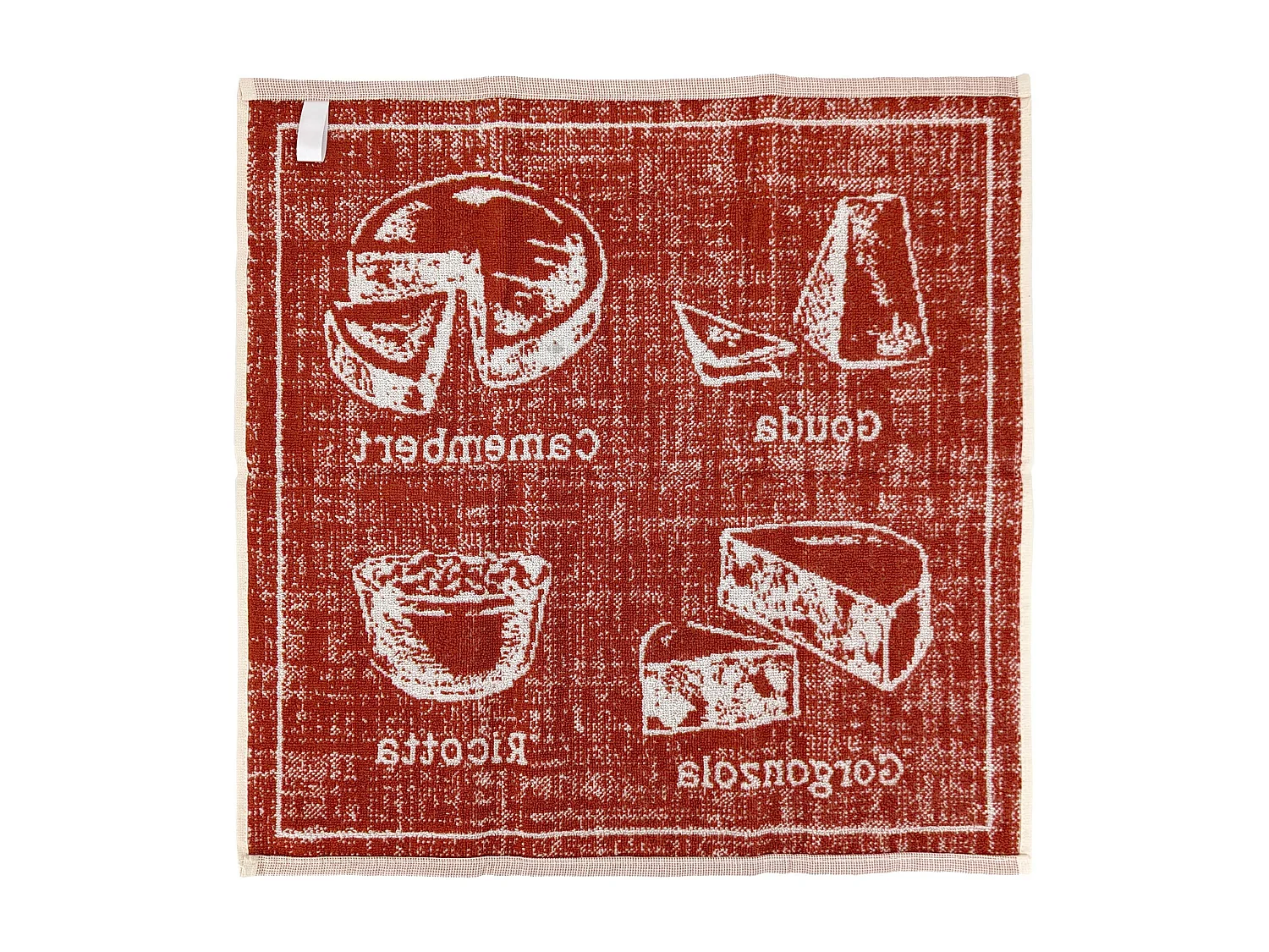 Lot de 2 torchons de cuisine pur coton 50x50 cm motif fromage CHEESE rouge