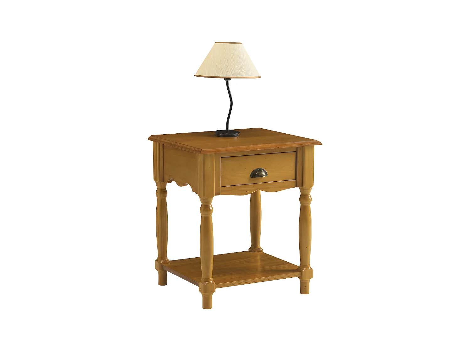 Chevet 1 Tiroir Pin Massif Miel 4 Pieds Tournée 1 Niche L 51 H 59 P 43.7 cm