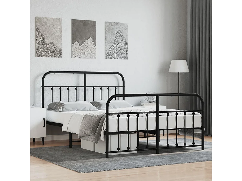 FurnitureR Struttura Letto Matrimoniale In Metallo 140x190 Cm Con Testiera E Pediera - Vano Portaoggetti Sottoletto, Nero, Max 150 Kg
