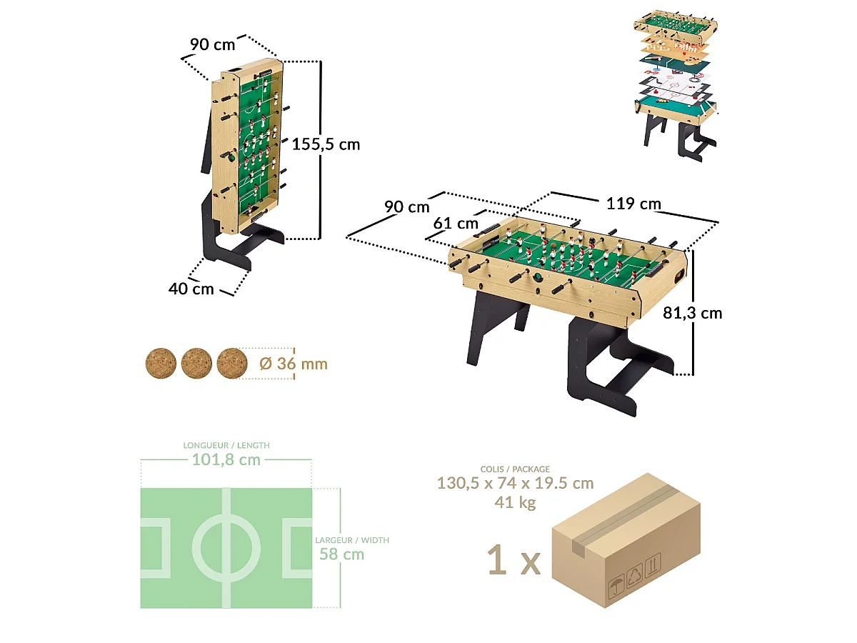 KANGUI Table Multi Jeux Pliable 16 en 1 - Baby-foot, Billard, Ping-Pong, Hockey