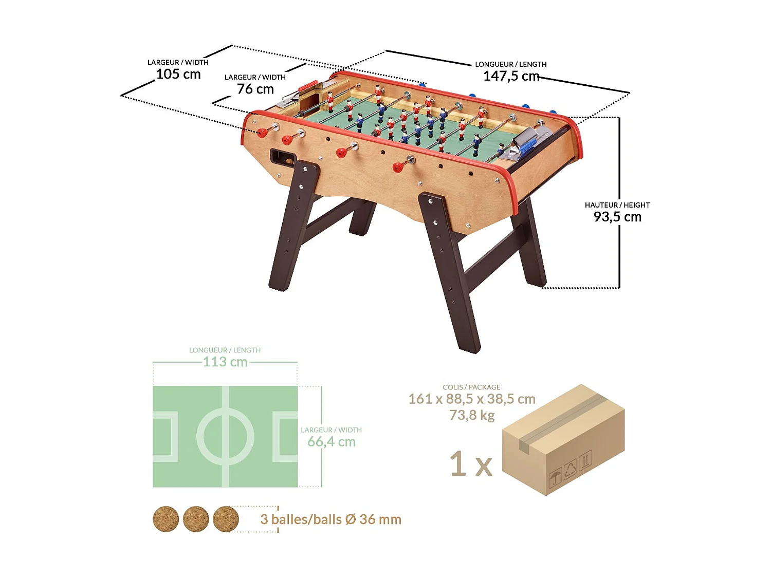 Baby-foot Adulte Luxe en bois - Barres télescopiques - 2 à 4 joueurs - 3 Balles liège inclues