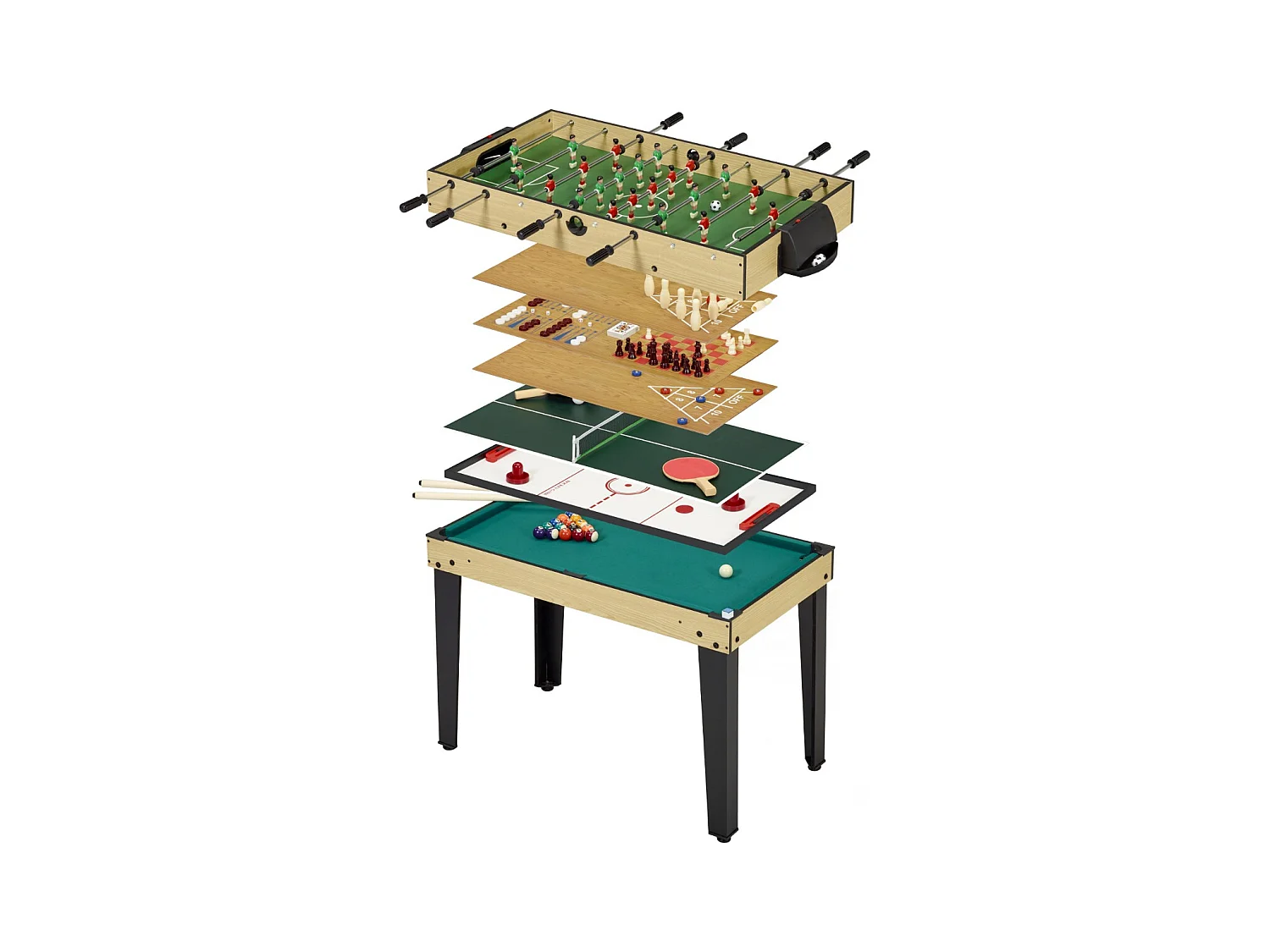 Table de jeux 10 en 1 - Baby-Foot - Billard - Ping Pong - Hockey - Bowling - Cartes - Structure Bois - Accessoires Inclus