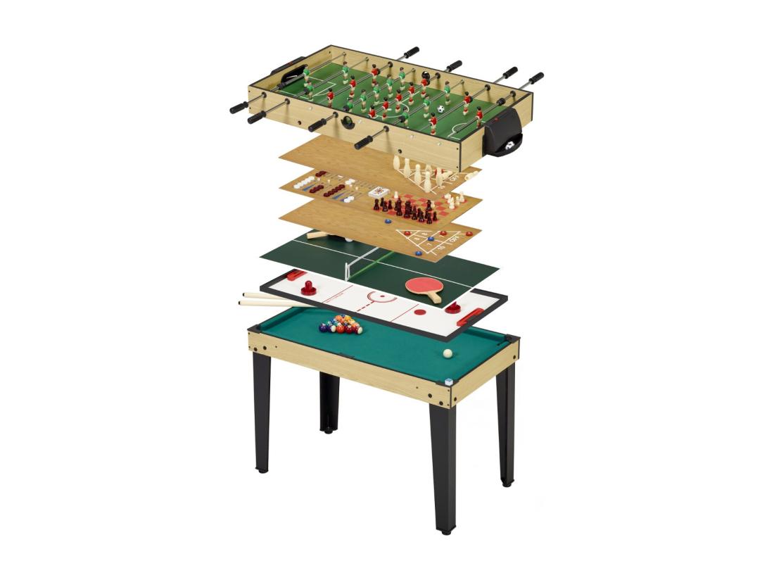 vente unique Table de jeux 10 en 1 - Baby-Foot - Billard - Ping Pong - Hockey - Bowling - Cartes - Structure Bois - Accessoires Inclus