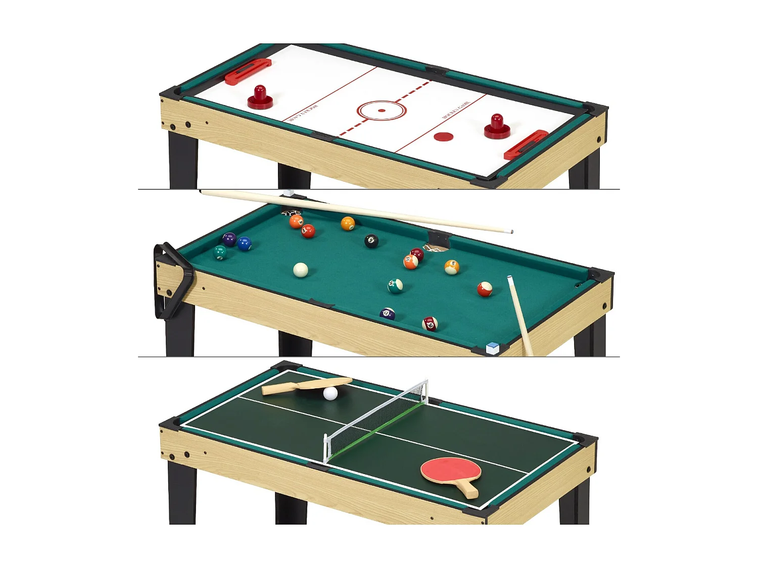 Table de jeux 10 en 1 - Baby-Foot - Billard - Ping Pong - Hockey - Bowling - Cartes - Structure Bois - Accessoires Inclus