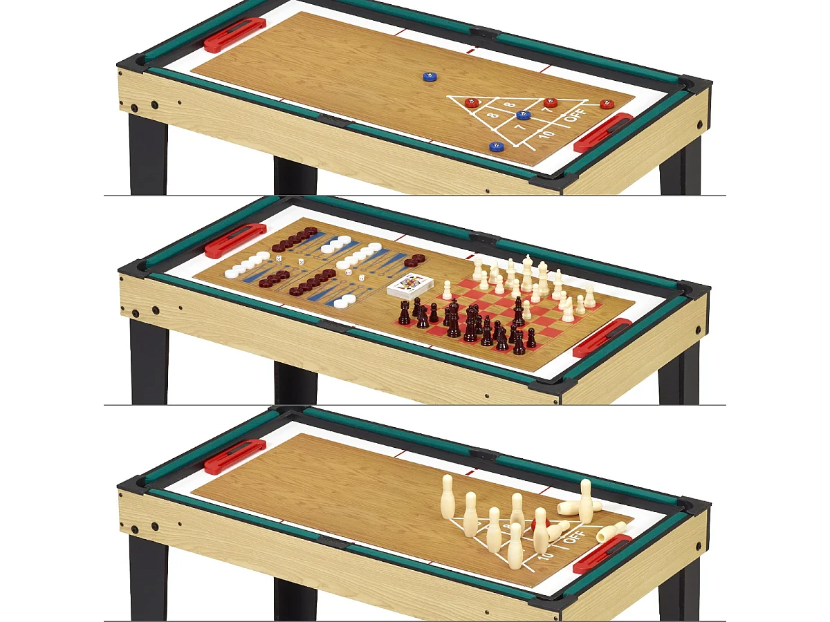 Table de jeux 10 en 1 - Baby-Foot - Billard - Ping Pong - Hockey - Bowling - Cartes - Structure Bois - Accessoires Inclus