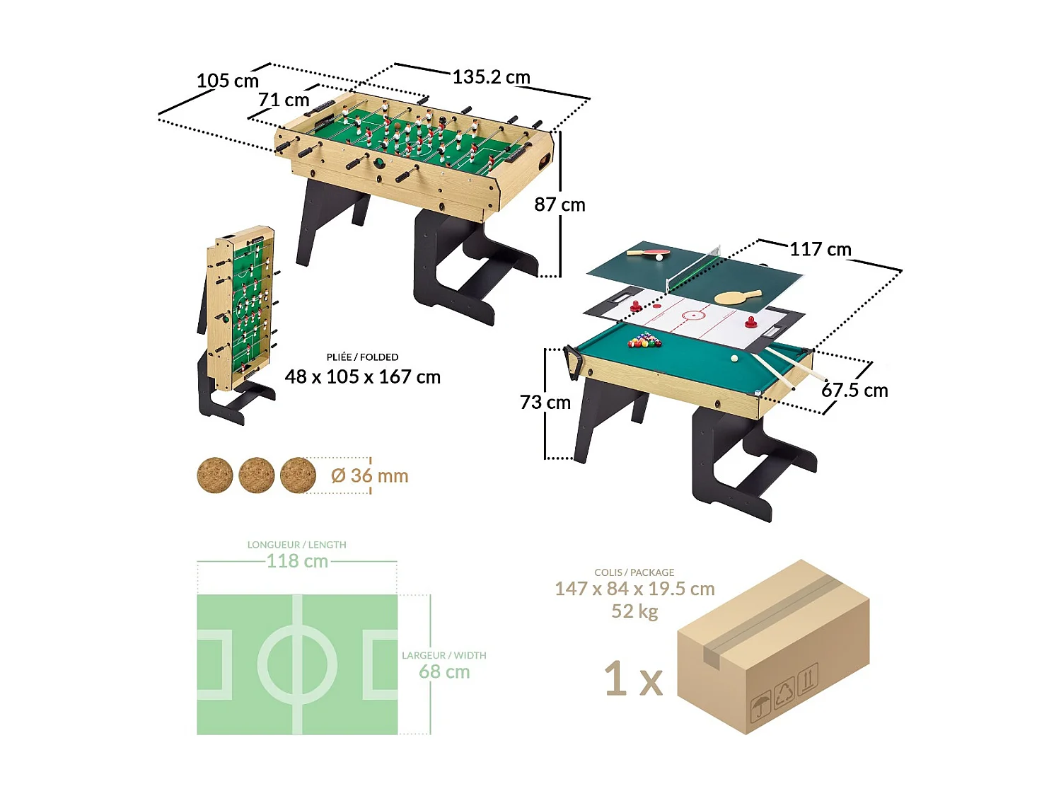 Table multi jeux pliable 4 en 1 ados - Baby-foot - Billard - Ping Pong - Hockey