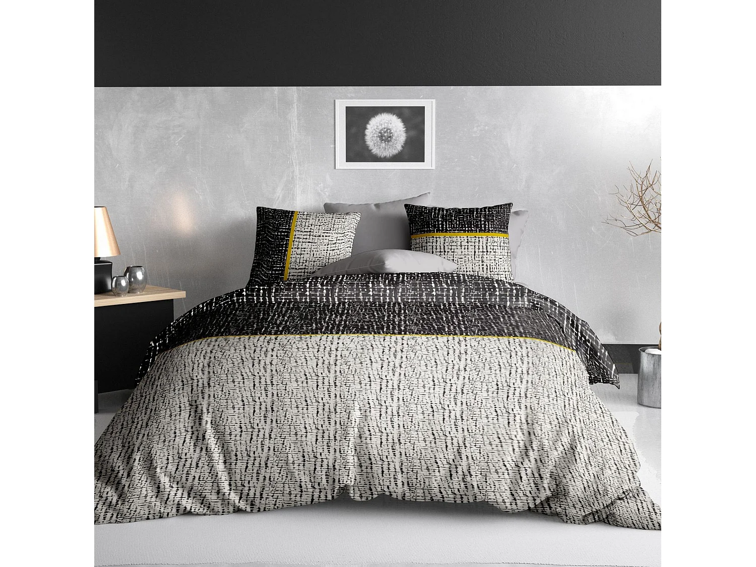 Parure de lit - Housse de couette 200x200 cm + 2 taies d'oreiller 100% Coton 57 fils Vulcane