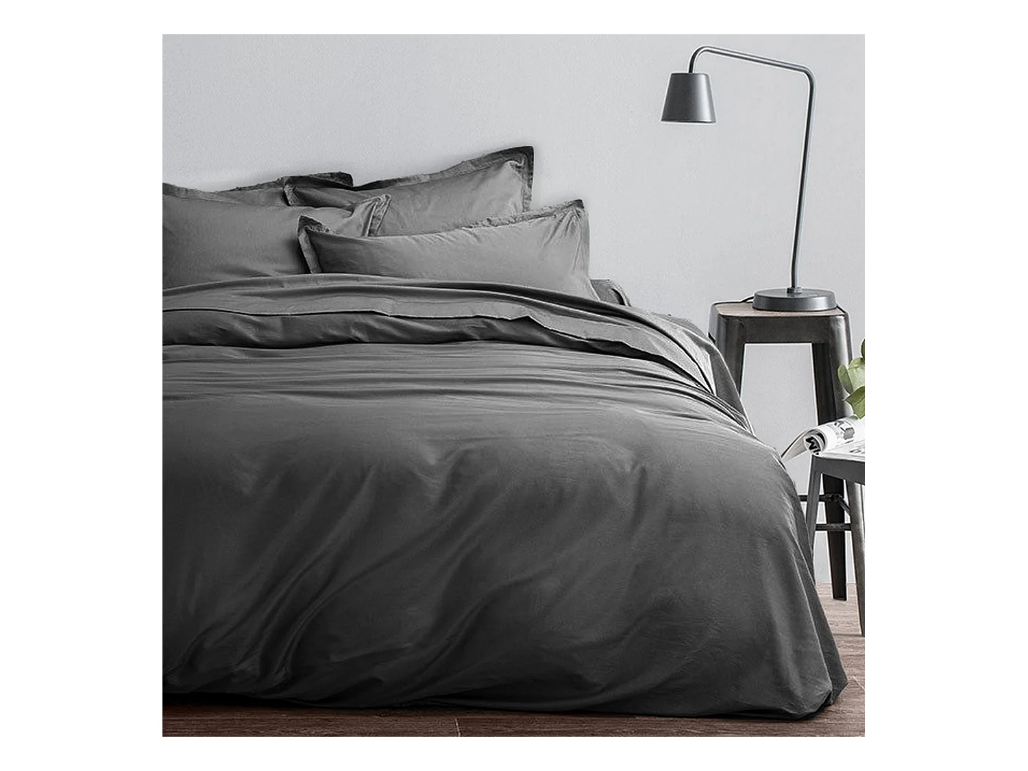 Housse de couette 220x240 + 2 taies d'oreiller 63x63 cm Satin de Coton Acier