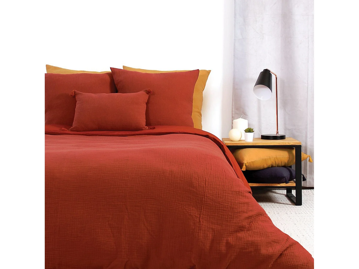 Housse de couette 240x260 + 2 taies d'oreiller 63x63 cm Gaze de Coton Ocre