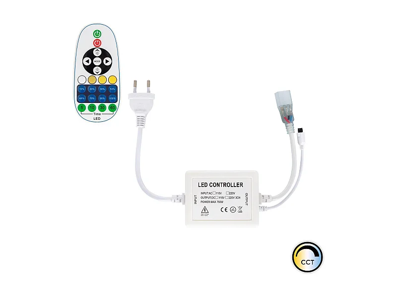 Controller Striscia LED CCT 220V AC 220 LED/m IP67 Larga 15mm Taglio 100 cm con Telecomando IR 23 Pulsanti Bianco