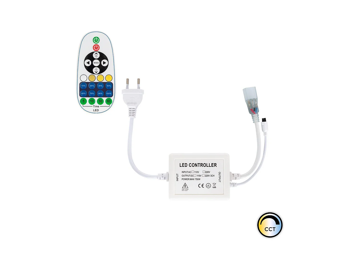 Contrôleur pour Ruban LED 220V AC 220LED/m CCT IP67 Largeur 15mm Coupe tous les 100cm avec télécommande IR 23 Touches Blanc