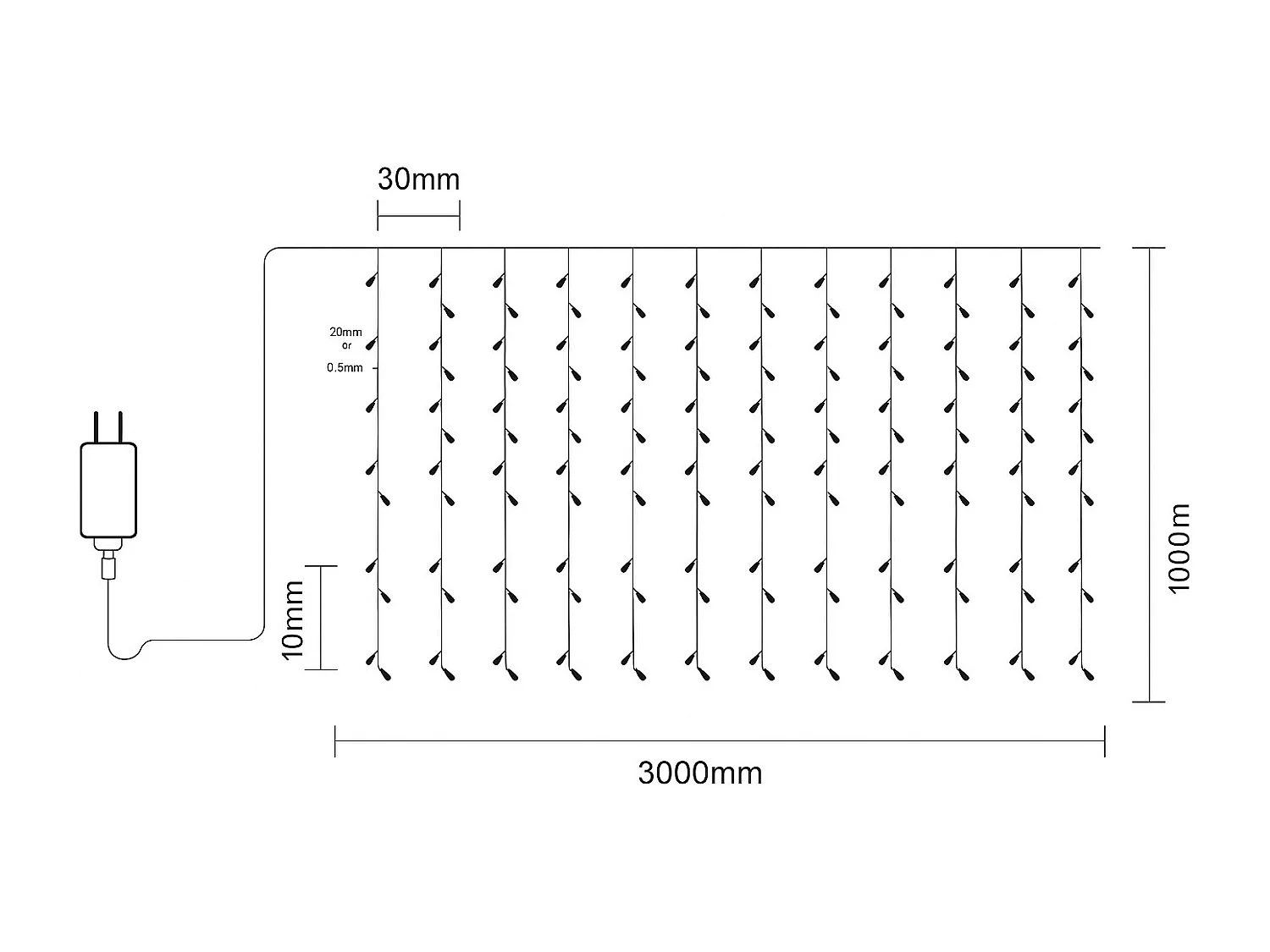 Rideau de Guirlande LED 3m 3000K Blanc chaud