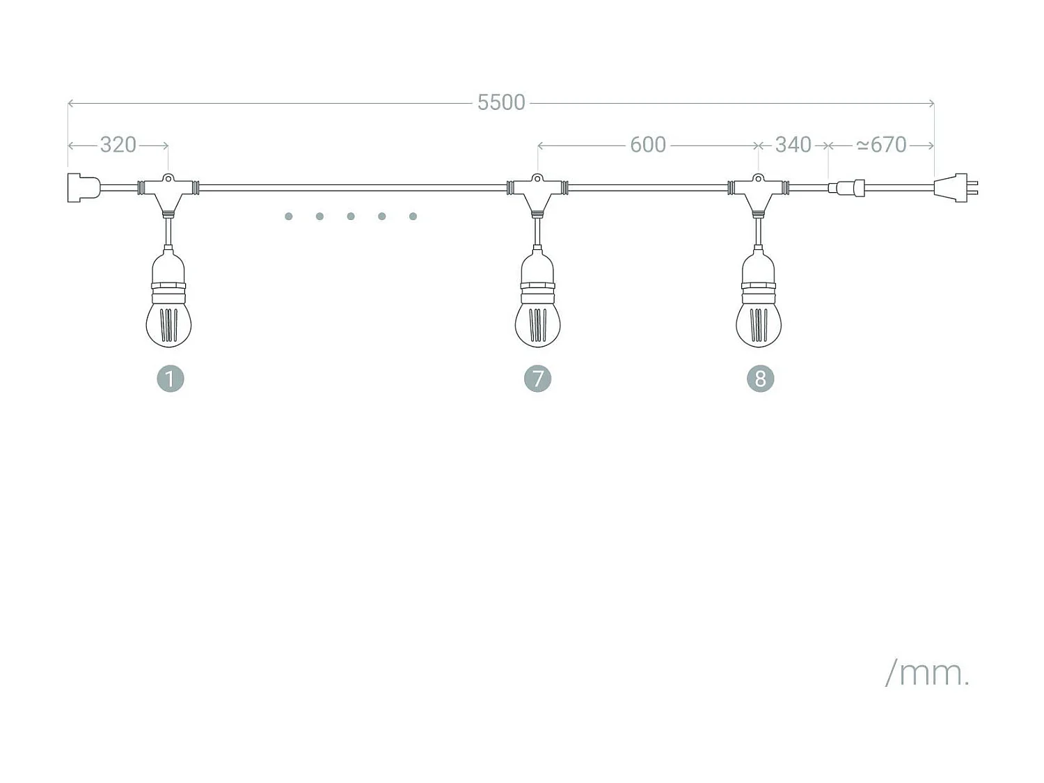 Guirlande Extérieure avec 8 Douilles E27 5.5m Blanche IP65  Blanc