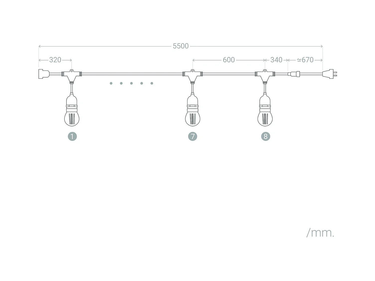 Kit Guirlande Waterproof 5.5m Blanche + 8 Ampoules LED E27 Filament 4W 4000K Blanc neutre