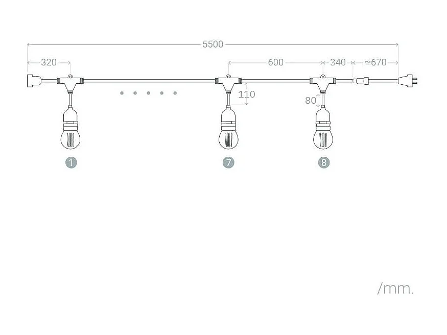 Kit Ghirnalda Waterproof 5.5m Bianco + 8 Lampadine LED E27 G45 3W a Colori Rosso