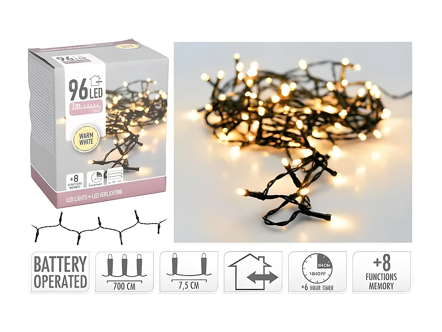 Guirlande LED Extérieure Câble Noir à Piles 7.5m Blanc Chaud 2700K