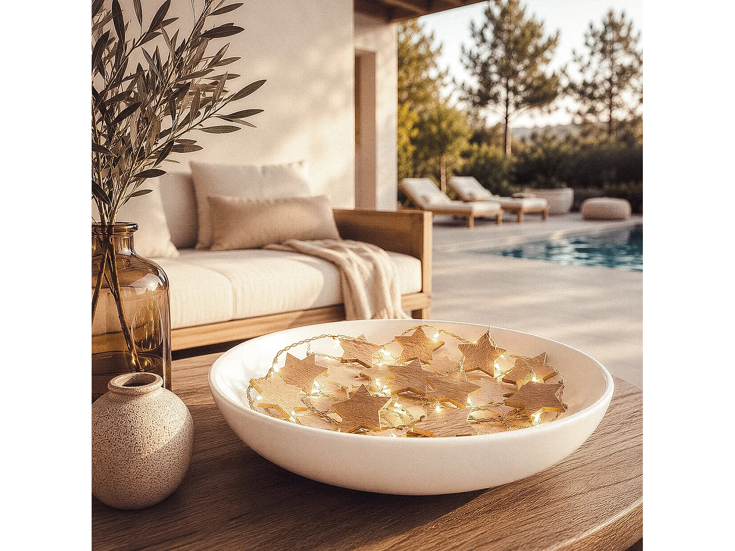 Ghirlanda di Luci LED Stella Legno a Pile 2.2m 3000K Bianco Caldo