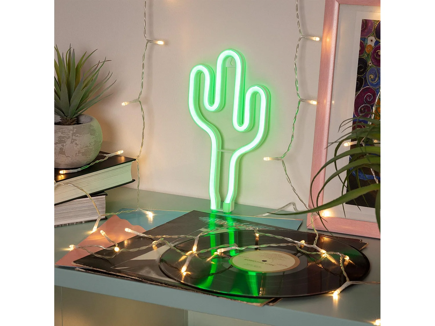 Neón LED Cactus con Batería Verde