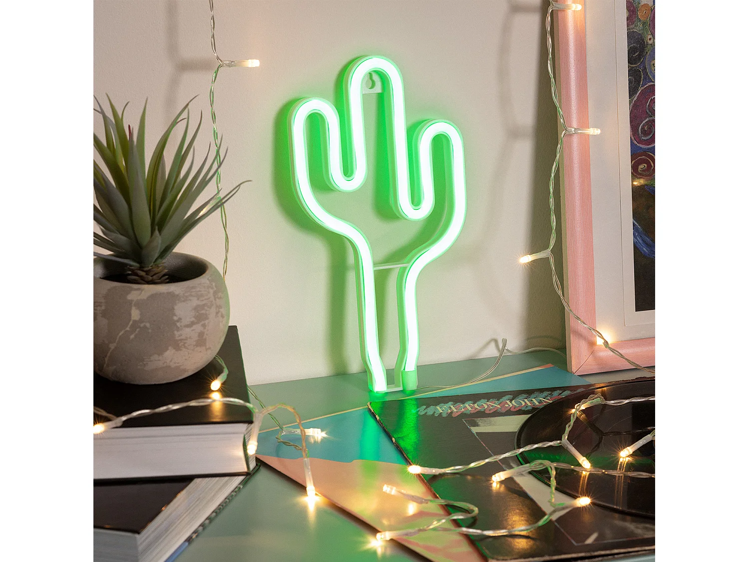 Neón LED Cactus con Batería Verde