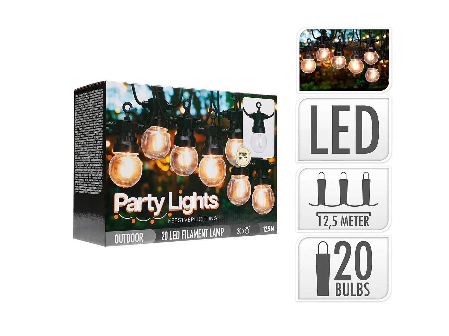 Guirnalda Exterior LED de 20 Bombillas Benicadell 12.5m Blanco Cálido 2700K
