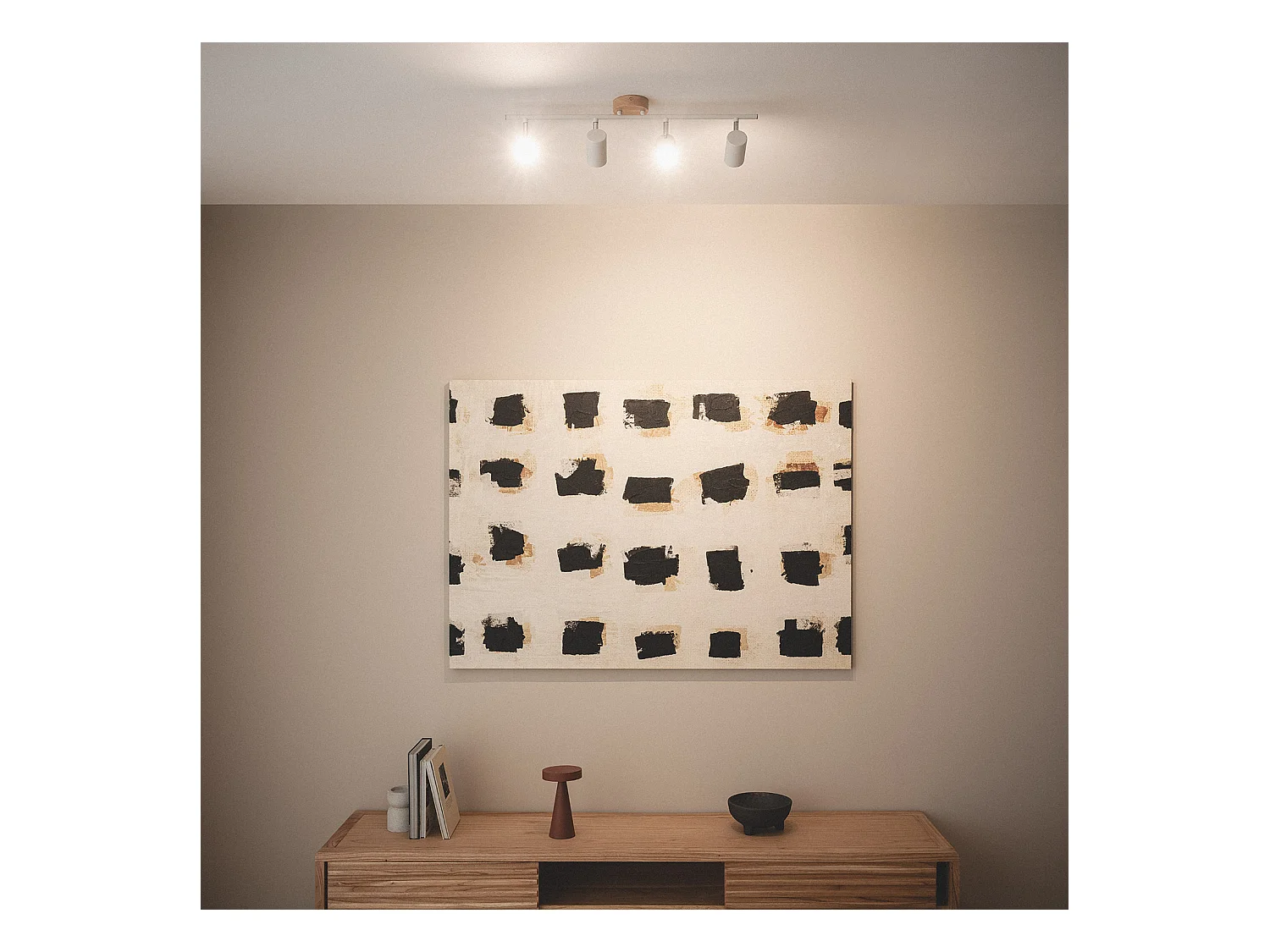 Lampada da Soffitto Orientabile Legno e Metallo 4 Faretti Albus Naturale
