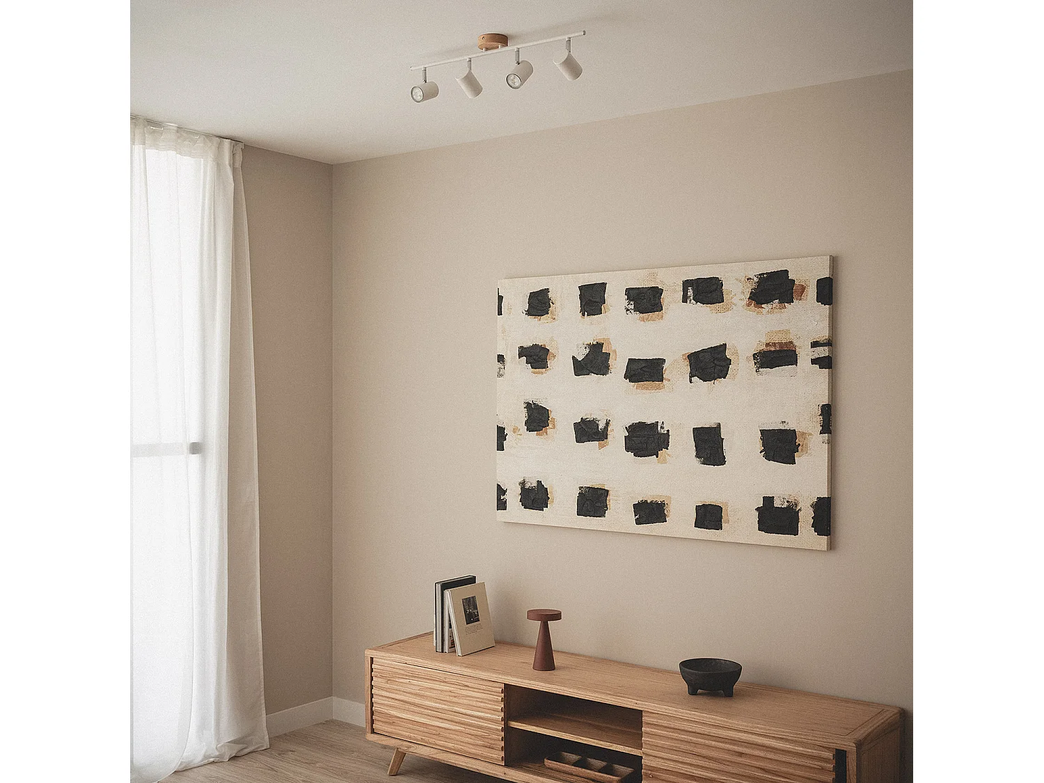 Lampada da Soffitto Orientabile Legno e Metallo 4 Faretti Albus Naturale